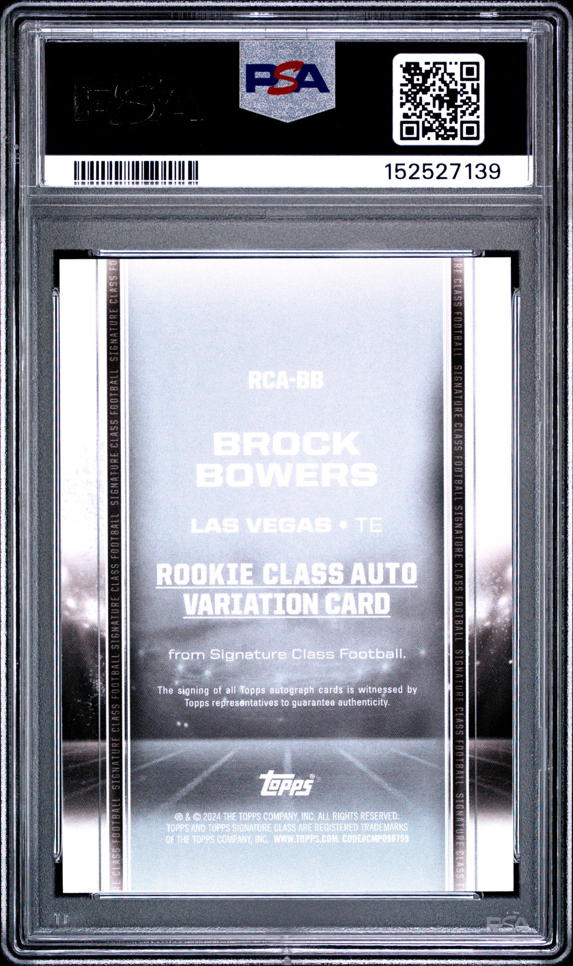 2024 Topps Signature Class Rookie Class Autograph Variation Brock Bowers #Rcabb (Rookie Class Autograph Var) Gem Mt 10 back view - PSA certificate #152527139