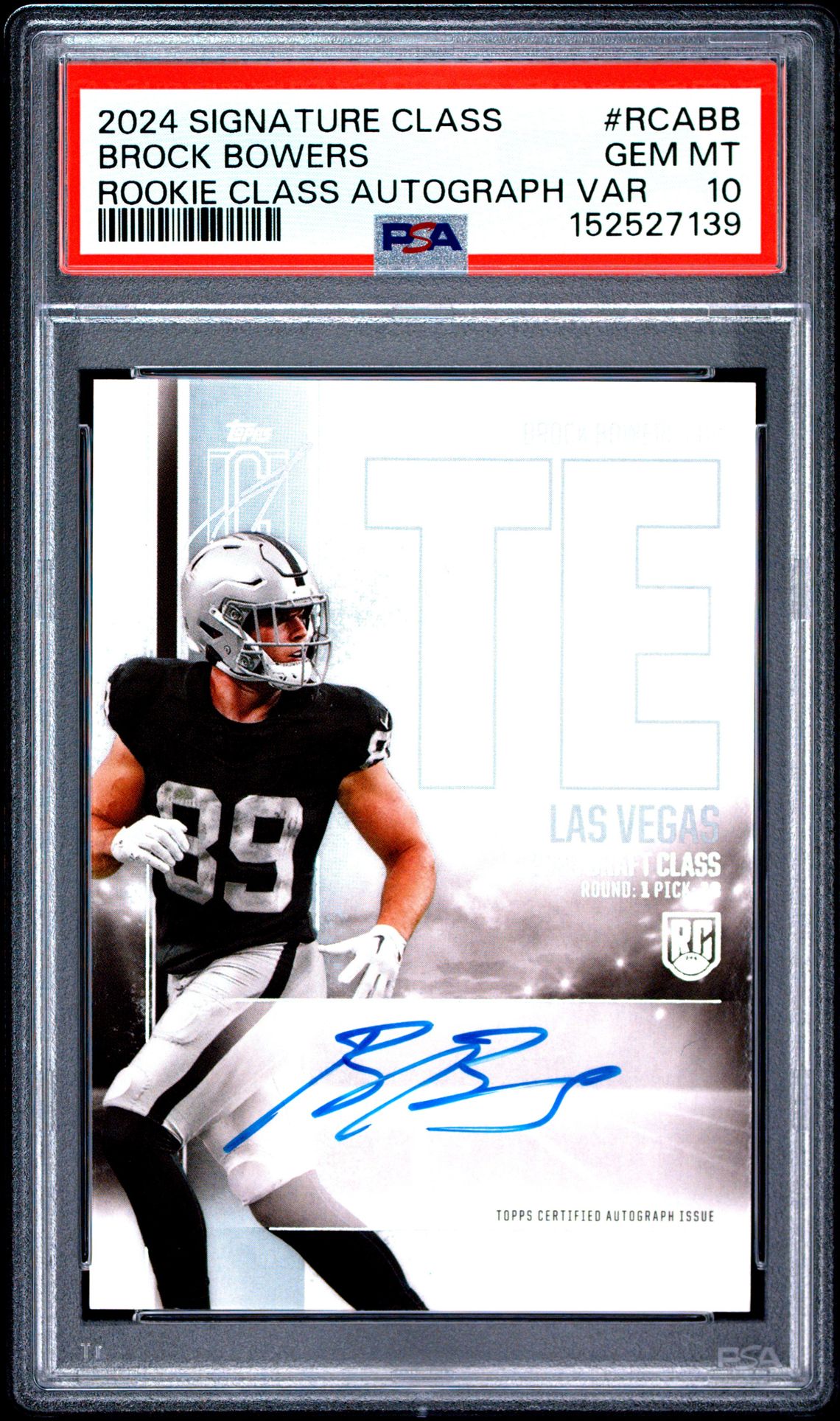 2024 Topps Signature Class Rookie Class Autograph Variation Brock Bowers #Rcabb (Rookie Class Autograph Var) Gem Mt 10 front view - PSA graded GEM MT 10