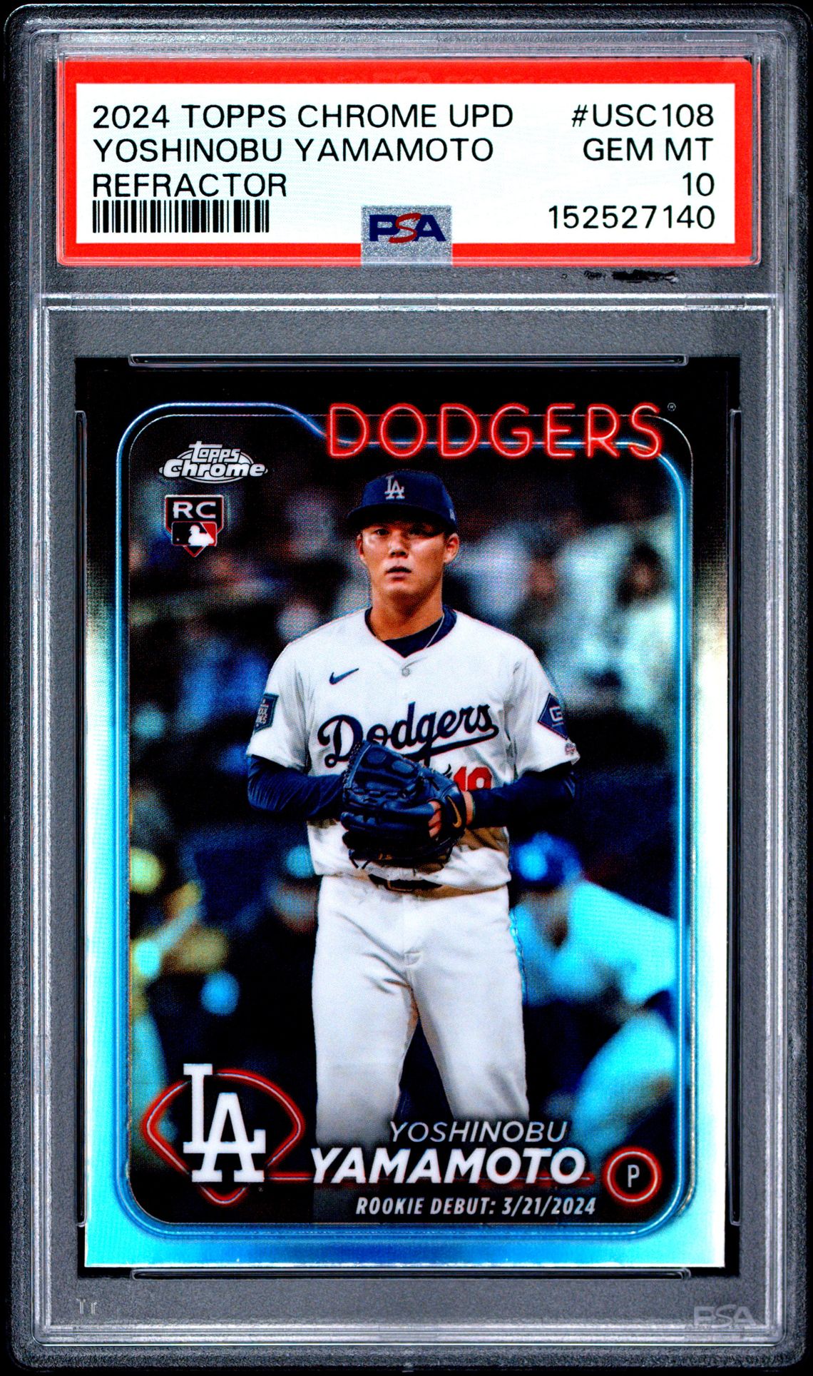 2024 Topps Chrome Update Yoshinobu Yamamoto #Usc108 (Refractor) Gem Mt 10 front view - PSA graded GEM MT 10