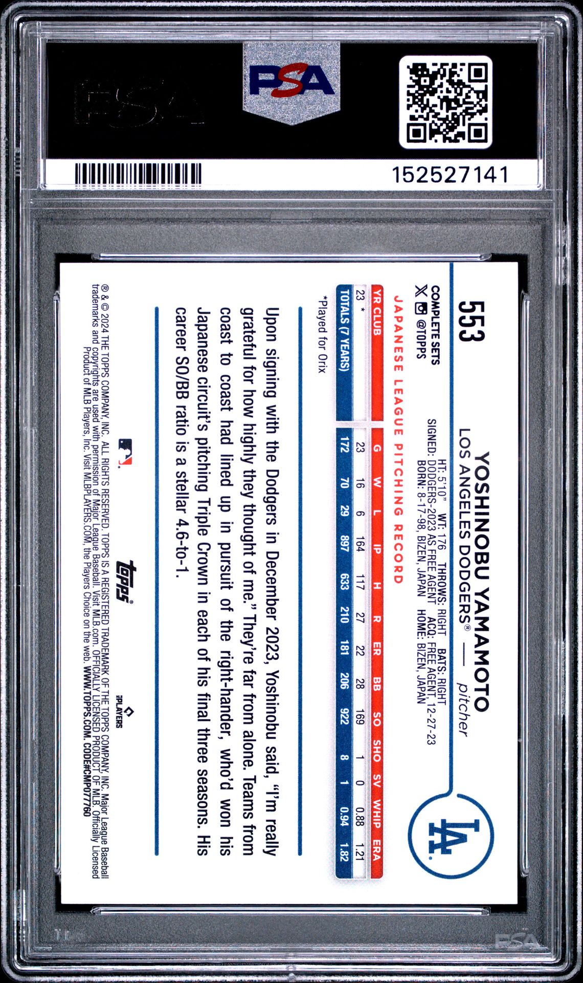 2024 Topps Complete Set Yoshinobu Yamamoto #553 (Variation) Mint 9 back