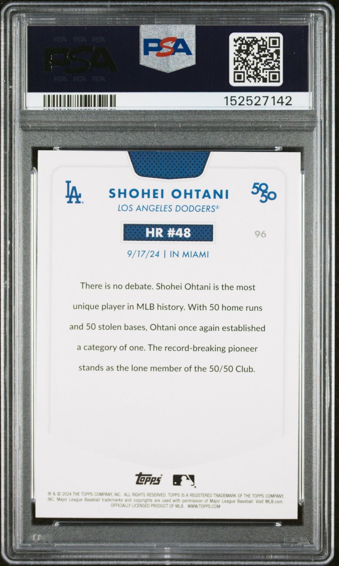 2024 Topps 50/50 Shohei Ohtani Shohei Ohtani #96 Gem Mt 10 back view - PSA certificate #152527142