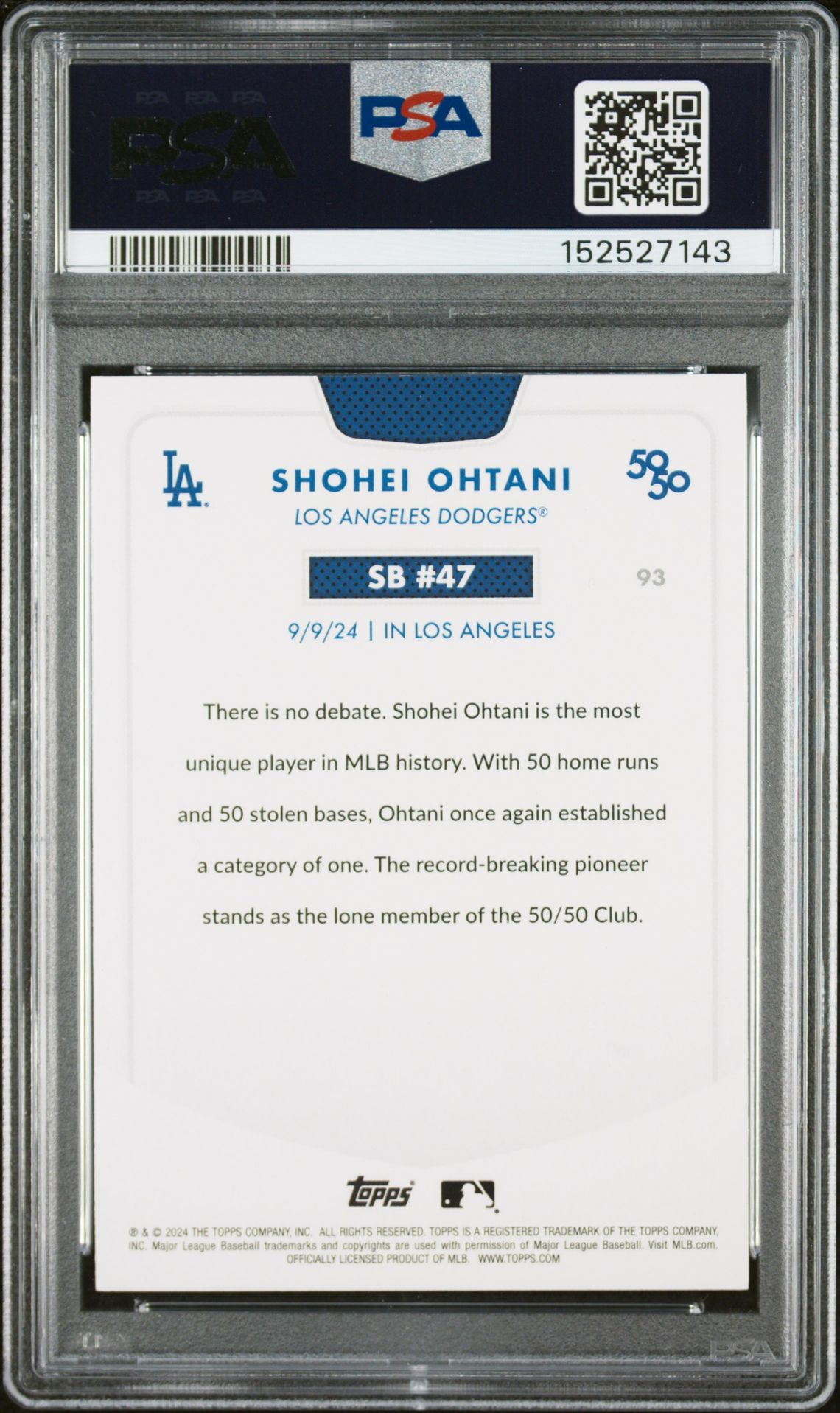 2024 Topps 50/50 Shohei Ohtani Shohei Ohtani #93 Gem Mt 10 back view - PSA certificate #152527143