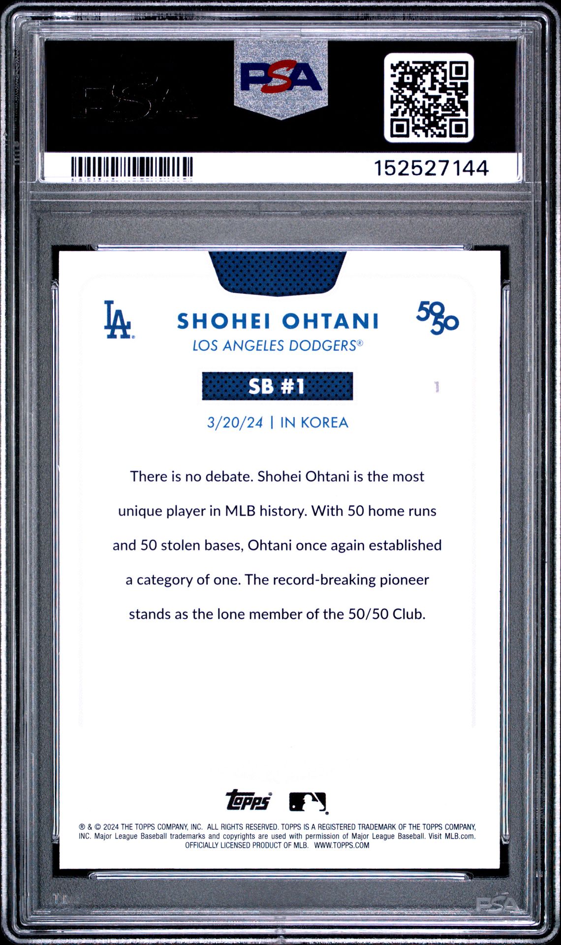 2024 Topps 50/50 Shohei Ohtani Shohei Ohtani #1 Gem Mt 10 back view - PSA certificate #152527144