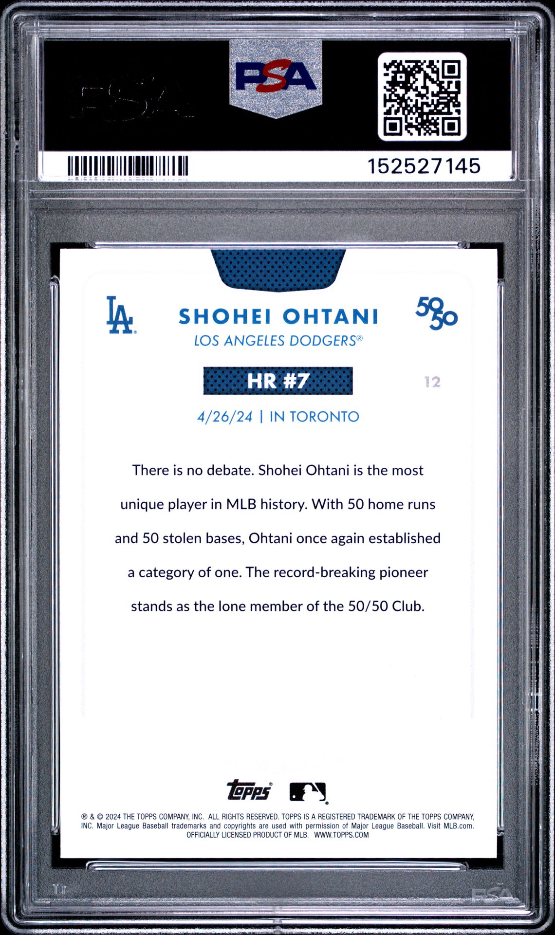 2024 Topps 50/50 Shohei Ohtani Shohei Ohtani #12 Gem Mt 10 back view - PSA certificate #152527145