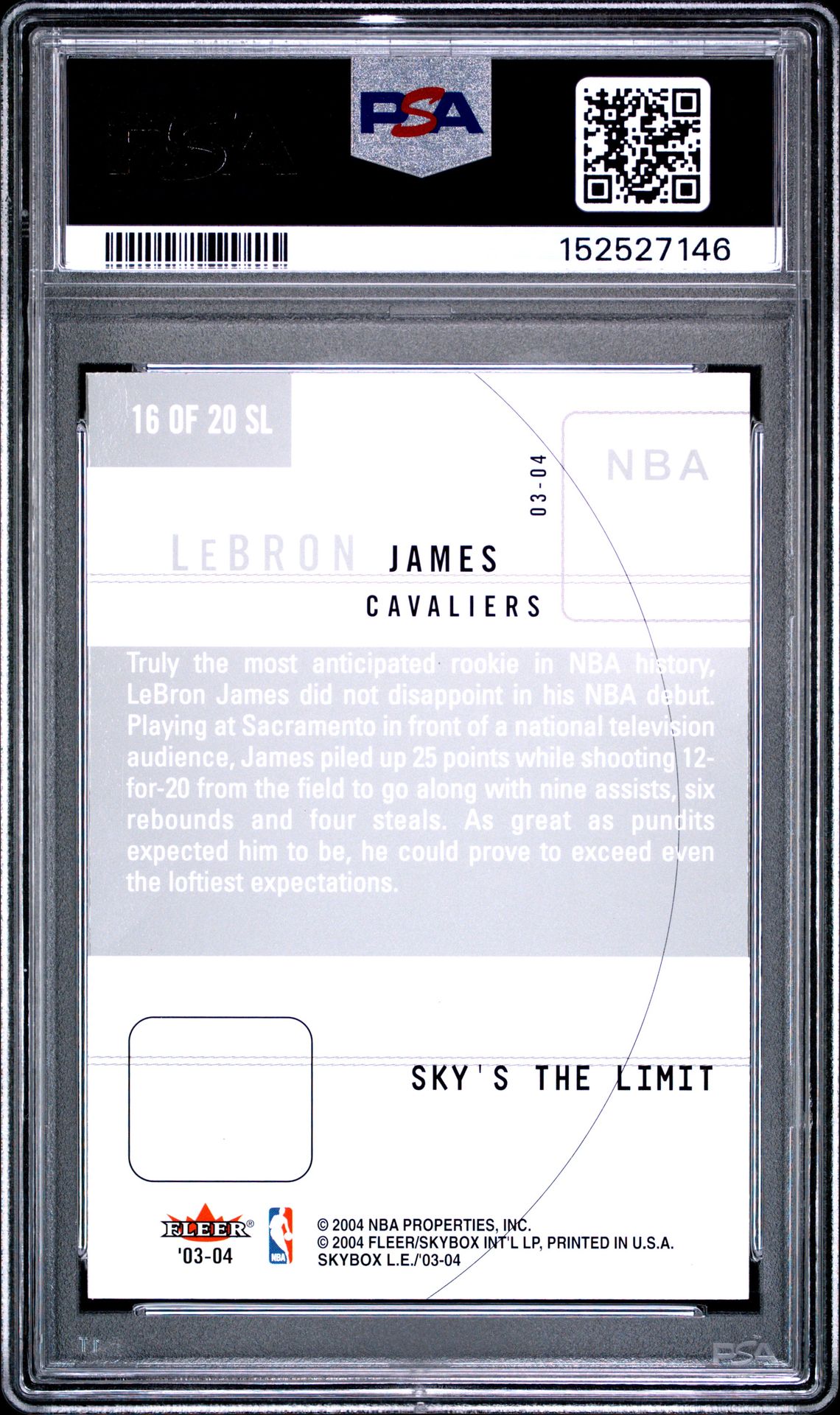 2003 Skybox L.e. Sky's The Limit Lebron James #16 (Sky's The Limit) Gem Mt 10 back view - PSA certificate #152527146