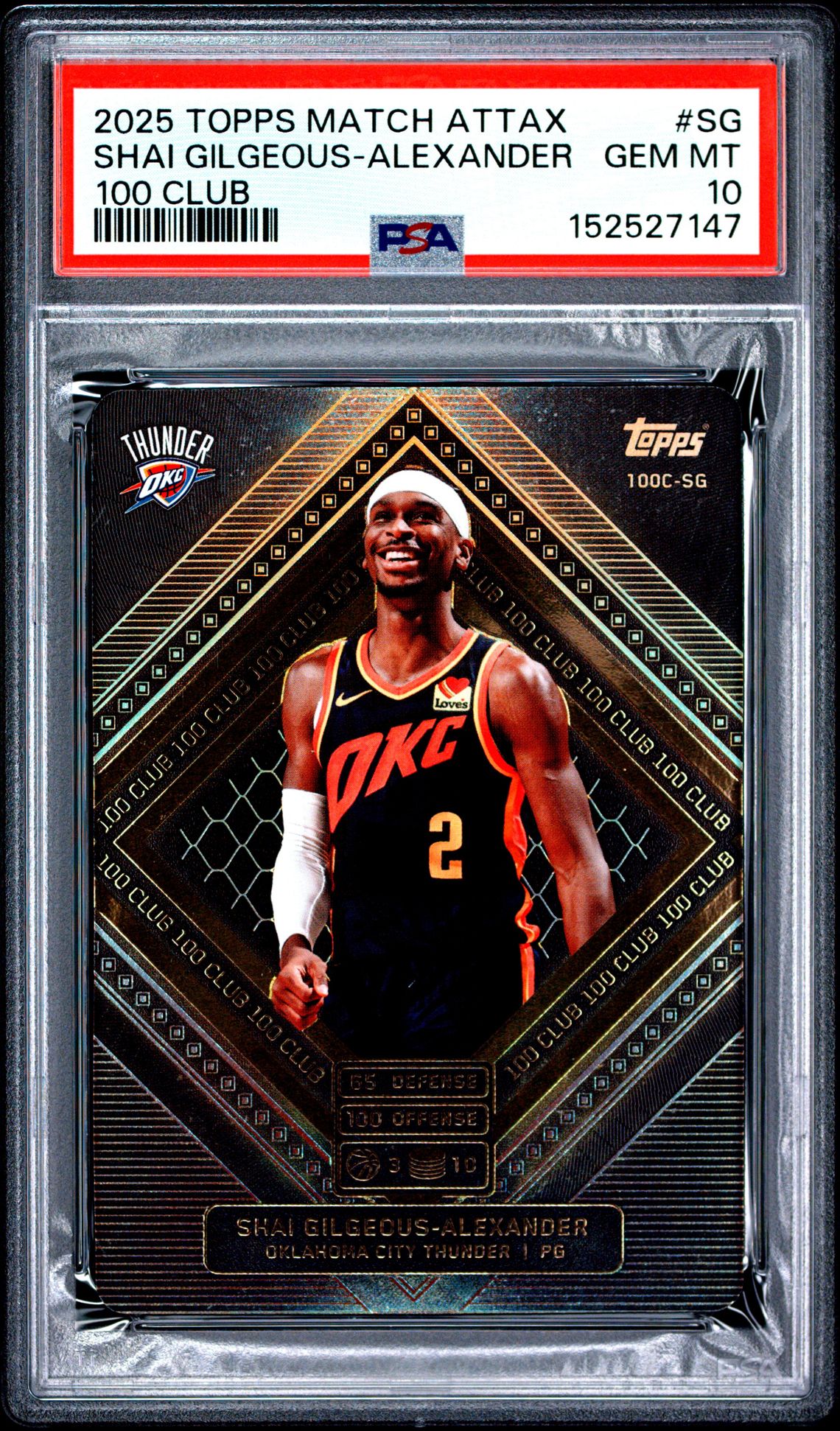 2025 Topps Match Attax 100 Club Shai Gilgeous-Alexander #Sg Gem Mt 10 front view - PSA graded GEM MT 10