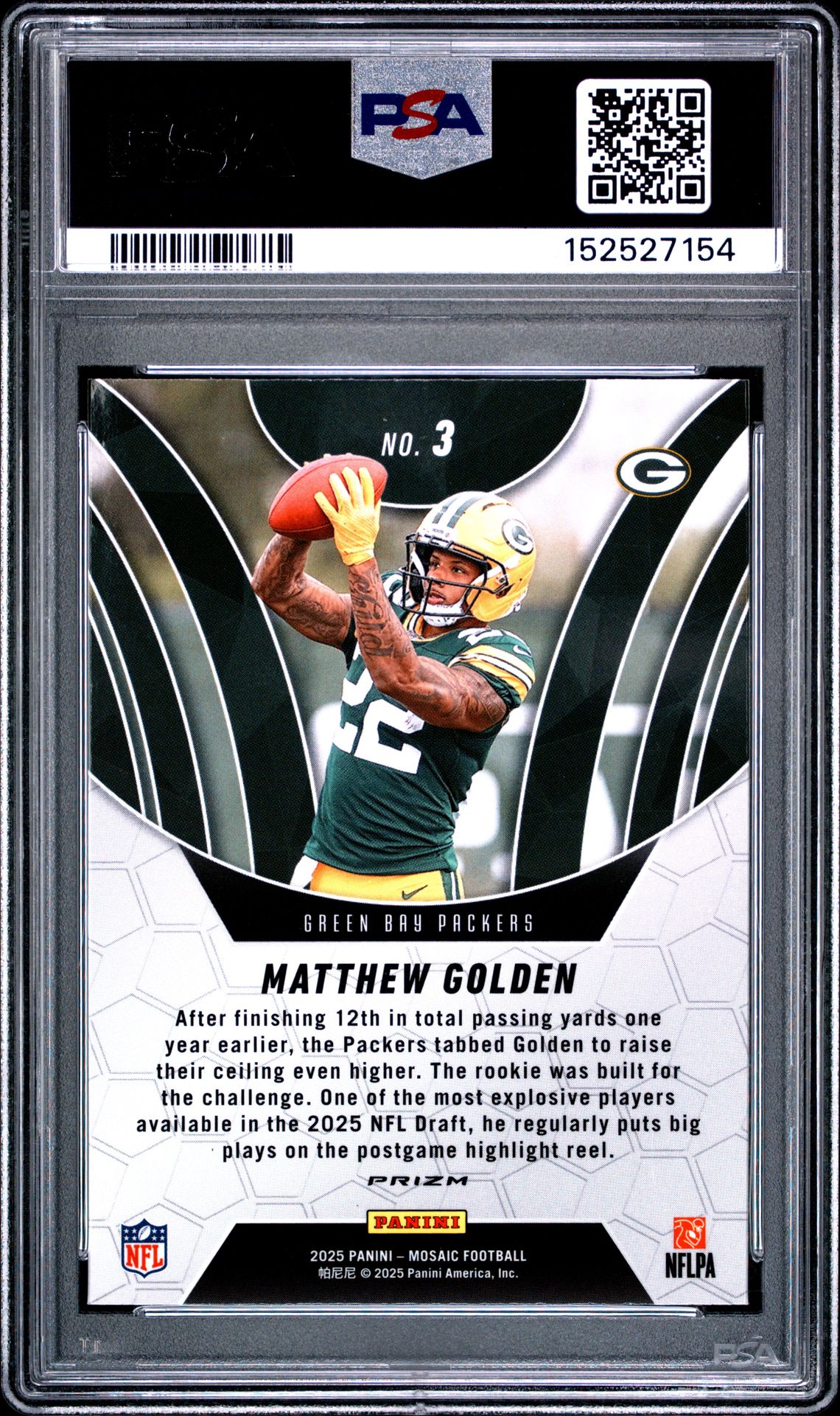 2025 Panini Mosaic Elevate Matthew Golden #3 (Elevate-Green) Gem Mt 10 back view - PSA certificate #152527154