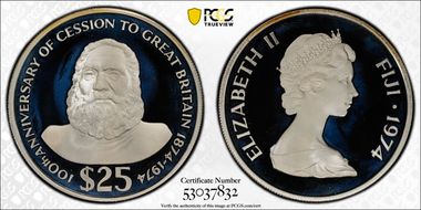 1974 $25 Cession to Great Britain PR68DCAM