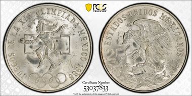 1968-Mo 25 Peso Olympic KM-479.1 Rings Align, Straight Tongue MS65
