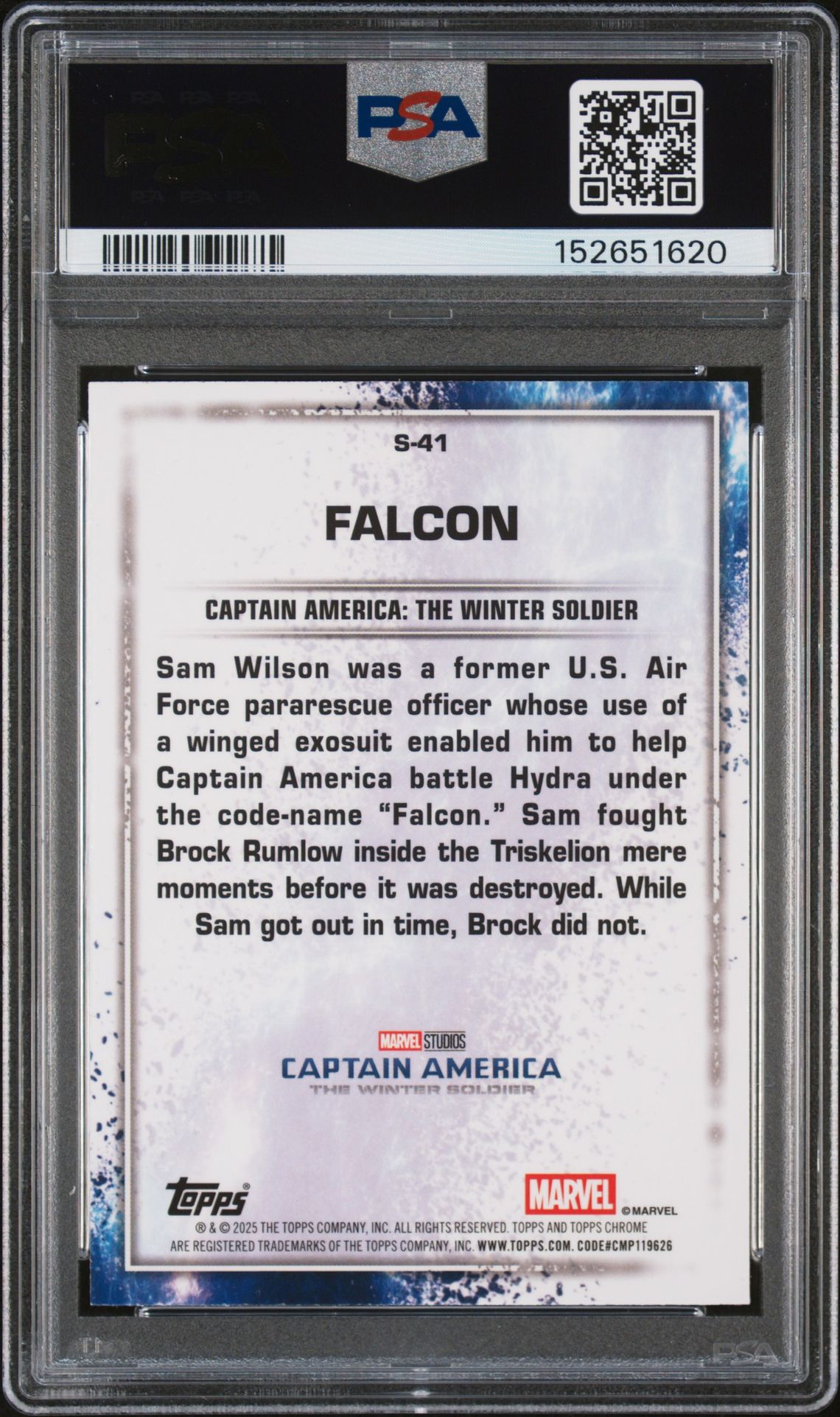 2025 Topps Marvel Studios Chrome The Snap Variations Falcon #41 Gem Mt 10 back view - PSA certificate #152651620