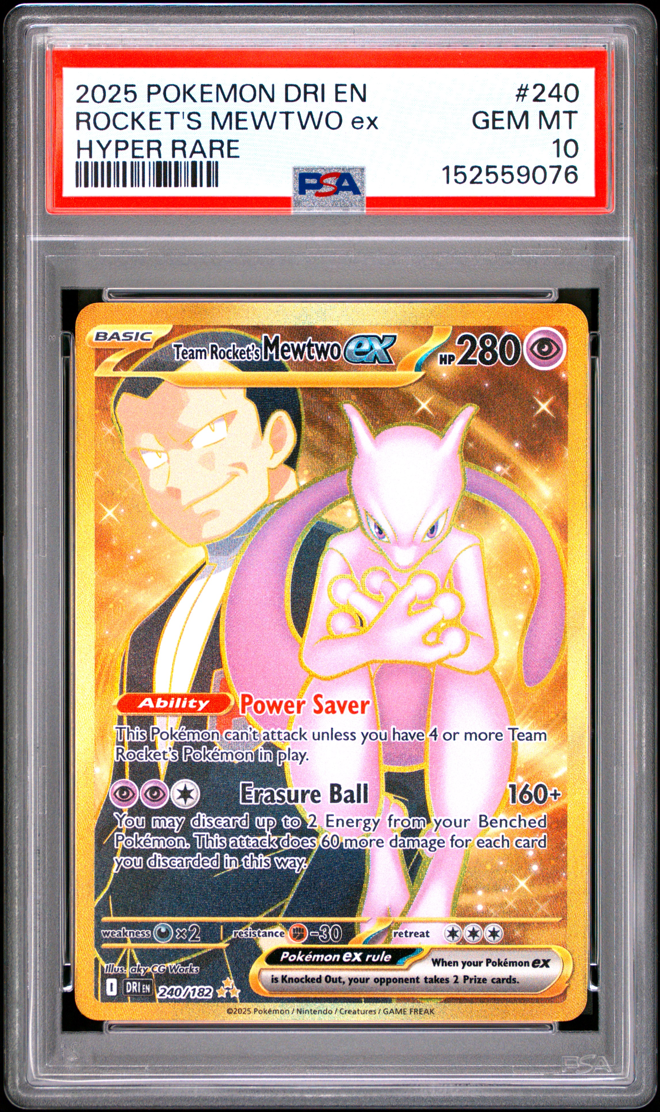 2025 #240 Team Rocket's Mewtwo EX PSA 10 Dri EN-Destined Rivals