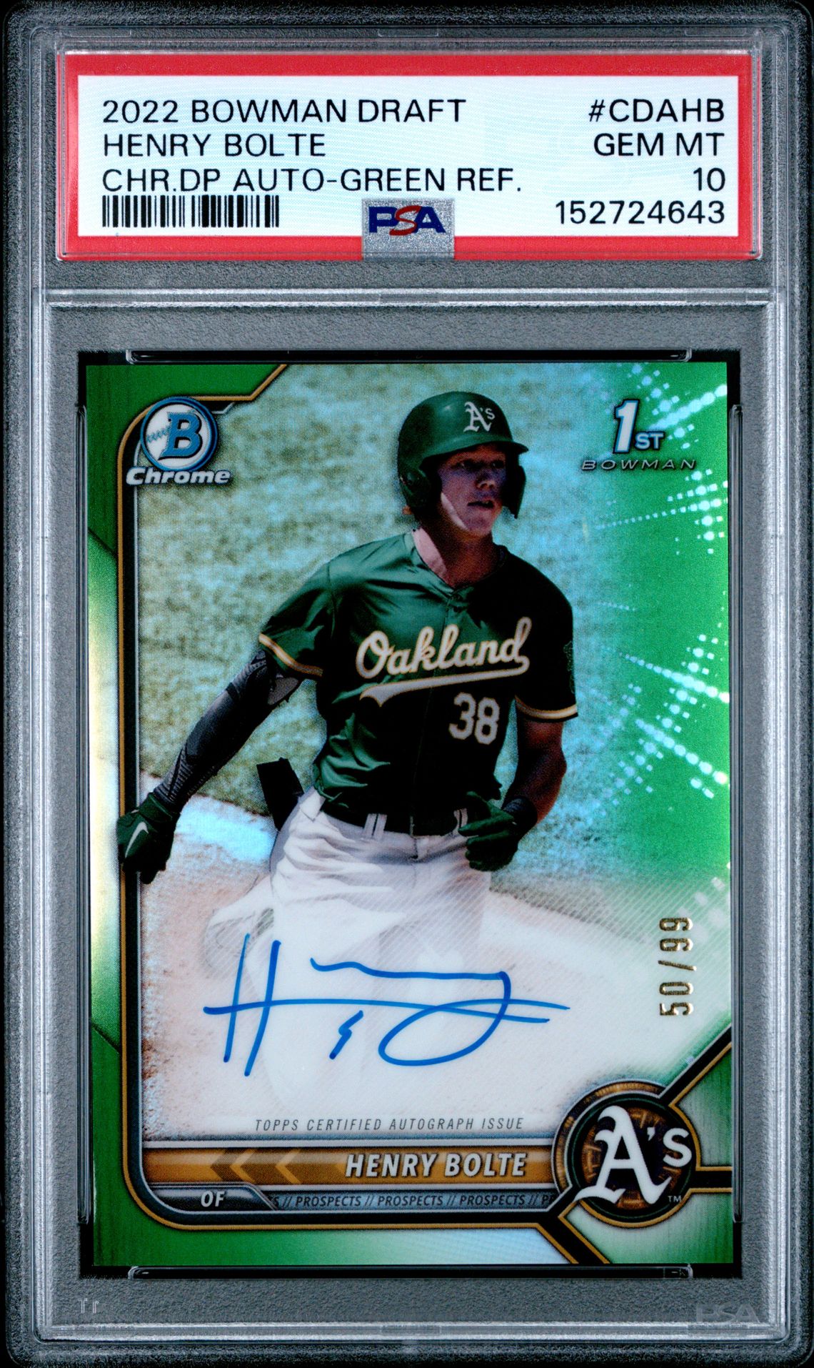 2022 Bowman BOWMAN DRAFT CHROME DRAFT PICK AUTOGRAPHS CH.DP AUTO-BLUE WAVE REF. #CDAHB Henry Bolte front
