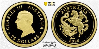 2025-P $25 Perth Mint Sov.  Au First Strike PR70DCAM