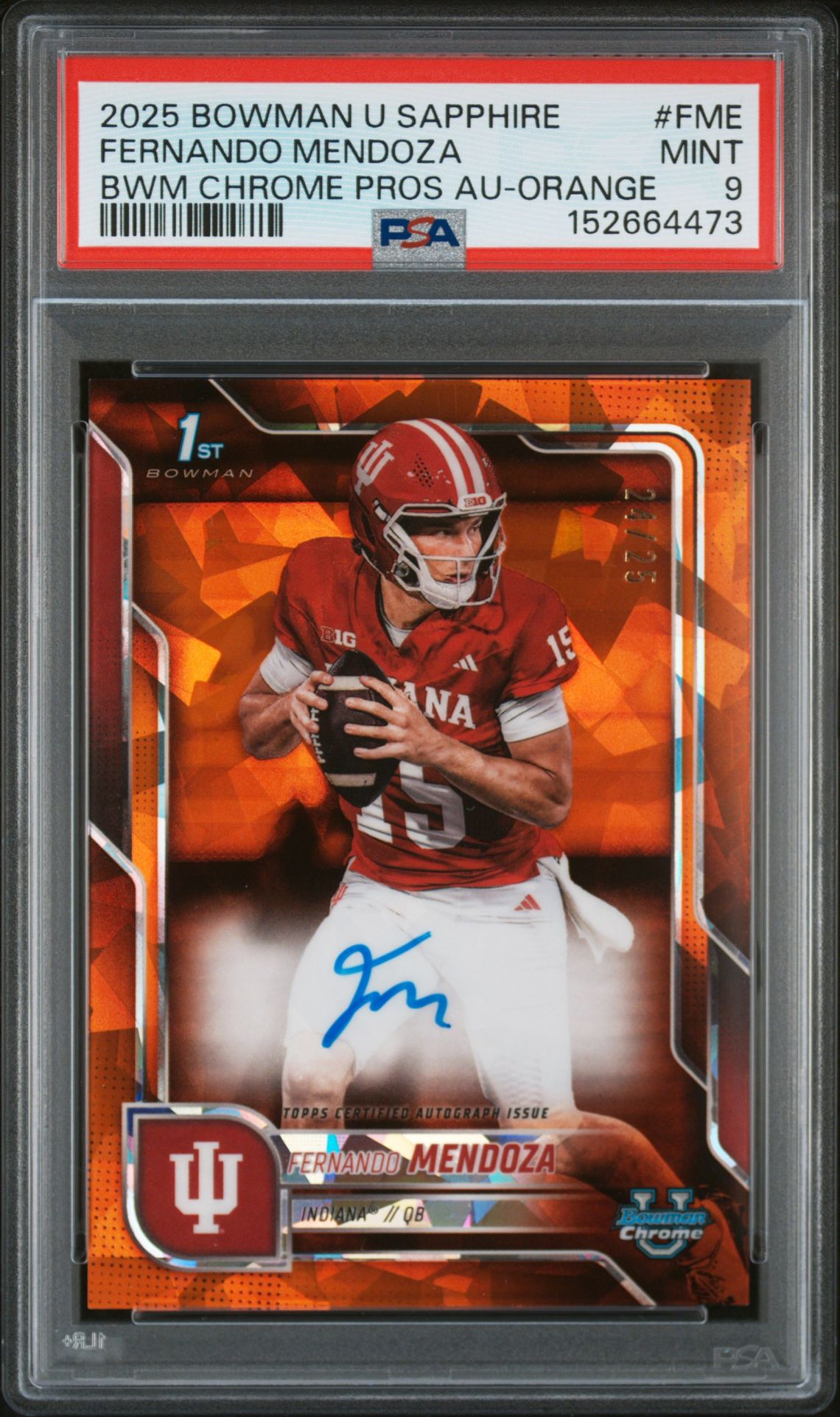 2025 Bowman BOWMAN UNIVERSITY CHROME SAPPHIRE BOWMAN CHROME PROSPECT AUTOGRAPHS BWM CHROME PROS AU-ORANGE #FME Fernando Mendoza front