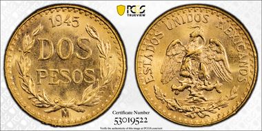 1945-Mo 2 Peso KM-461  Au MS65