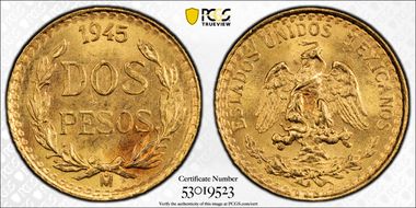 1945-Mo 2 Peso KM-461  Au MS65