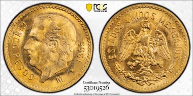 1955-M 5 Peso KM-464  Au MS66