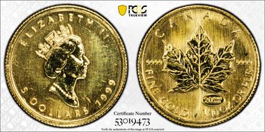 1999 $5 Maple Leaf 1/10oz Au 20 Years ANS Privy MS64