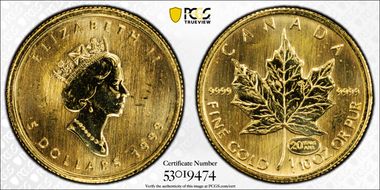 1999 $5 Maple Leaf 1/10oz Au 20 Years ANS Privy MS67