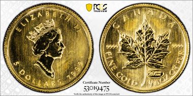 1999 $5 Maple Leaf 1/10oz Au 20 Years ANS Privy MS68