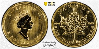 2001 $5 Maple Leaf 1/10oz Au MS67