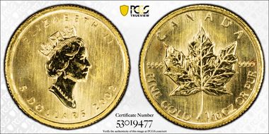 2002 $5 Maple Leaf 1/10oz Au MS67