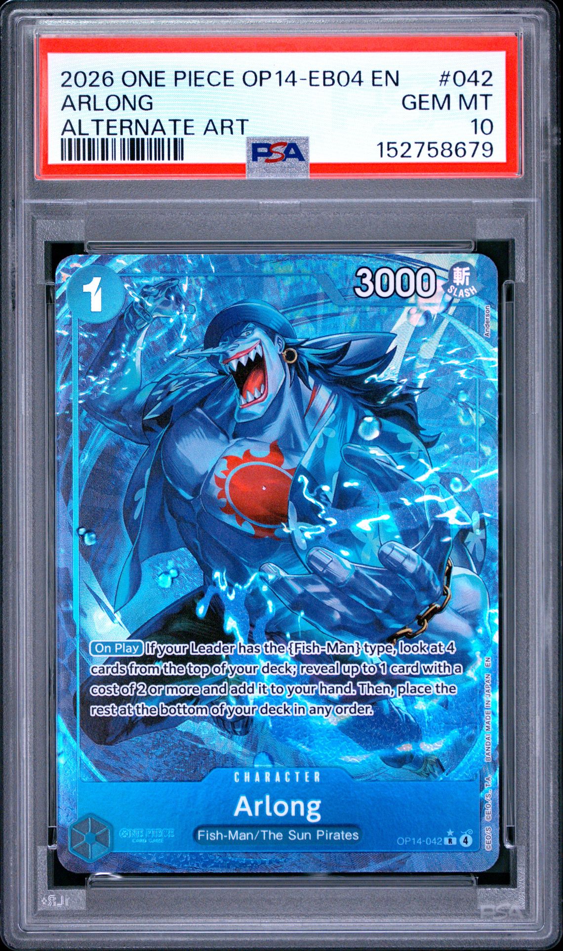 2026 One Piece Op14-Eb04-The Azure Sea's Seven Arlong #042 (Alternate Art) Gem Mt 10 front view - PSA graded GEM MT 10