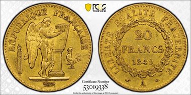 1849-A 20 Fr Gad-1032 Génie AU53