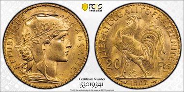 "1907" 20 Fr Gad-1064a F-535 Refrappe MS65
