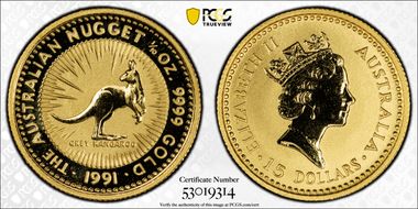 1991 $15 Grey Kangaroo-Nugget 1/10oz Au MS69