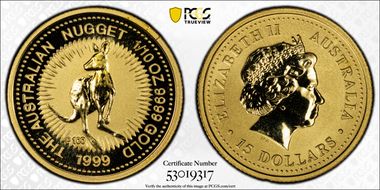 1999-P100 $15 Kangaroo-Nugget 1/10oz Au MS70