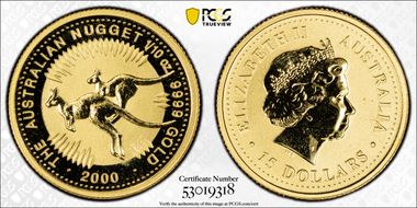 2000 $15 Kangaroo-Nugget 1/10oz Au MS69