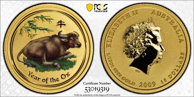 2009 $15 Year of the Ox 1/10oz Au  Colorized MS70