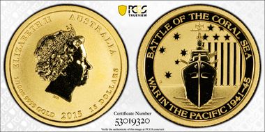 2015-P $15 Battle of the Coral Sea 1/10oz Au MS69