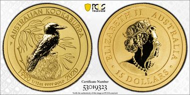 2020-P $15 Kookaburra 1/10oz Au 30th Anniversary MS70