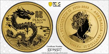 2024-P125 $15 Year of the Dragon  1/10oz Au MS70