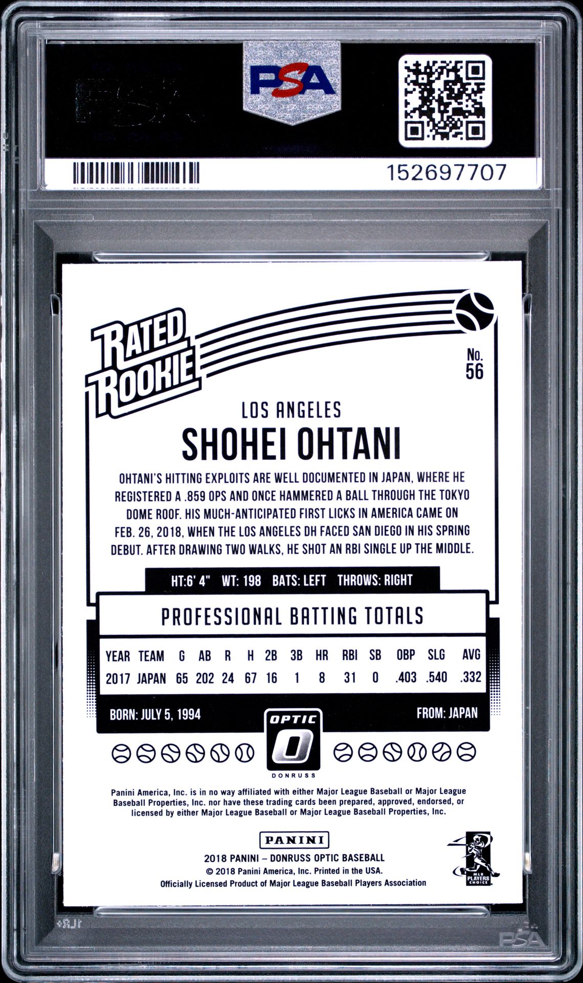 2018 Panini Donruss Optic Shohei Ohtani #56 (Variation) Gem Mt 10 back view - PSA certificate #152697707