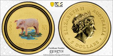 2007 $5 Year of the Pig 1/20oz Au Colorized MS70