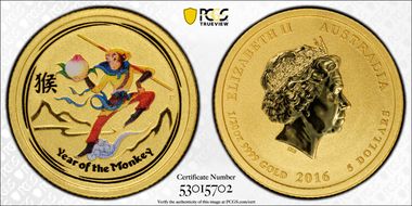 2016-P $5 Year of the Monkey 1/20oz Au Monkey King Colorized MS70