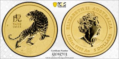 2022-P $5 Year of the Tiger 1/20oz Au MS70