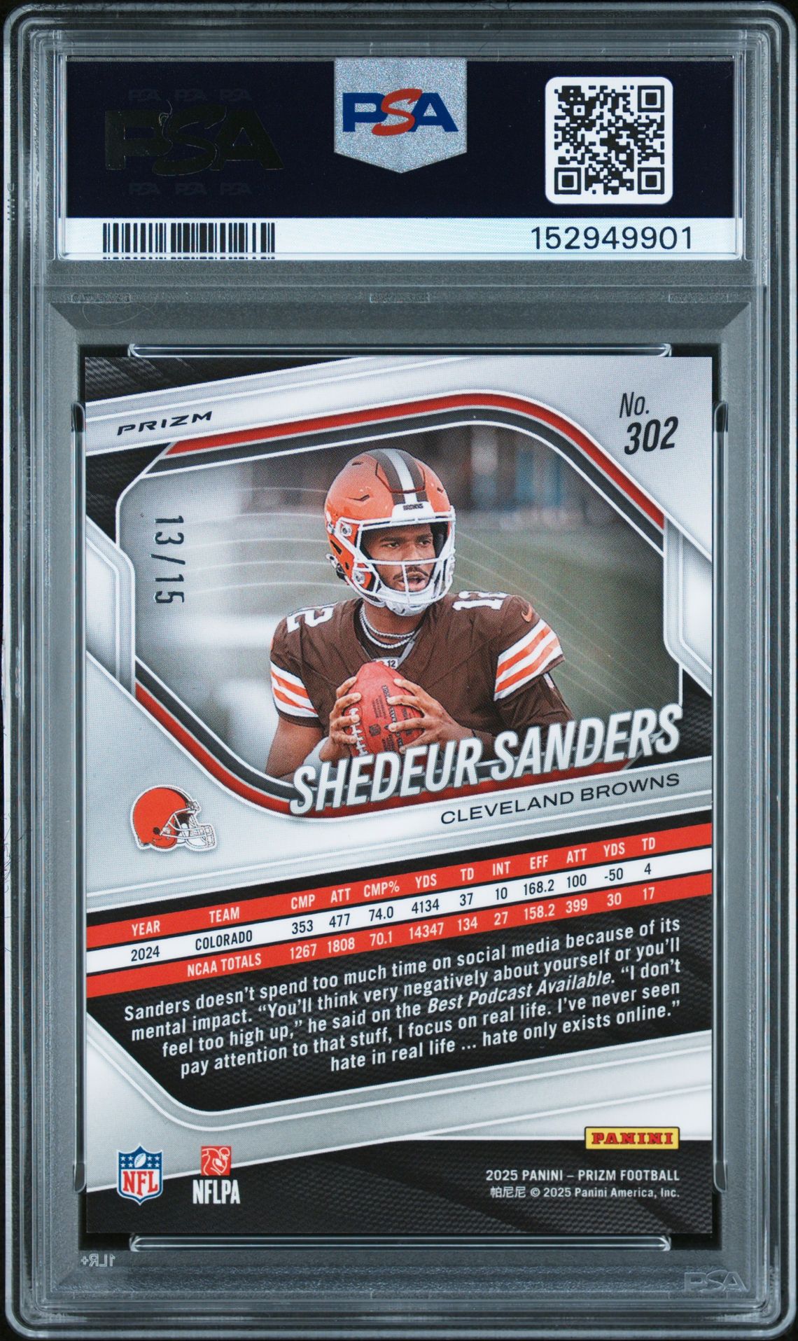 2025 Panini Prizm Shedeur Sanders #302 (Purple Shimmer) Mint 9 back