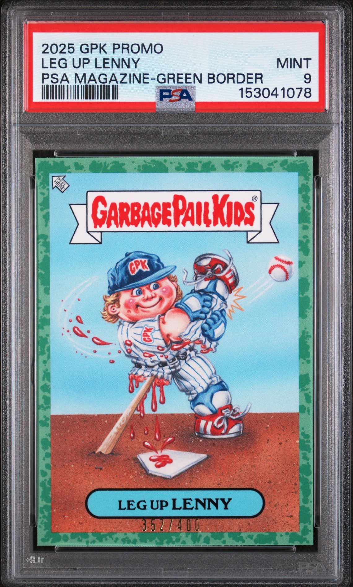 2025 Topps TOPPS GARBAGE PAIL KIDS PROMO PSA MAGAZINE Green Leg Up Lenny front