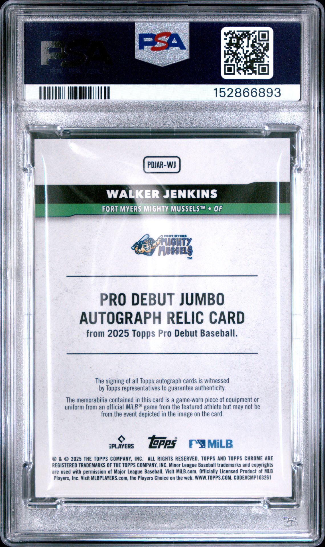 2025 Topps Pro Debut Chrome Pro Debut Jumbo Relic Autographs Walker Jenkins #Wj (Pro Debut Jm Rlc Au-Orange) Gem Mt 10 back