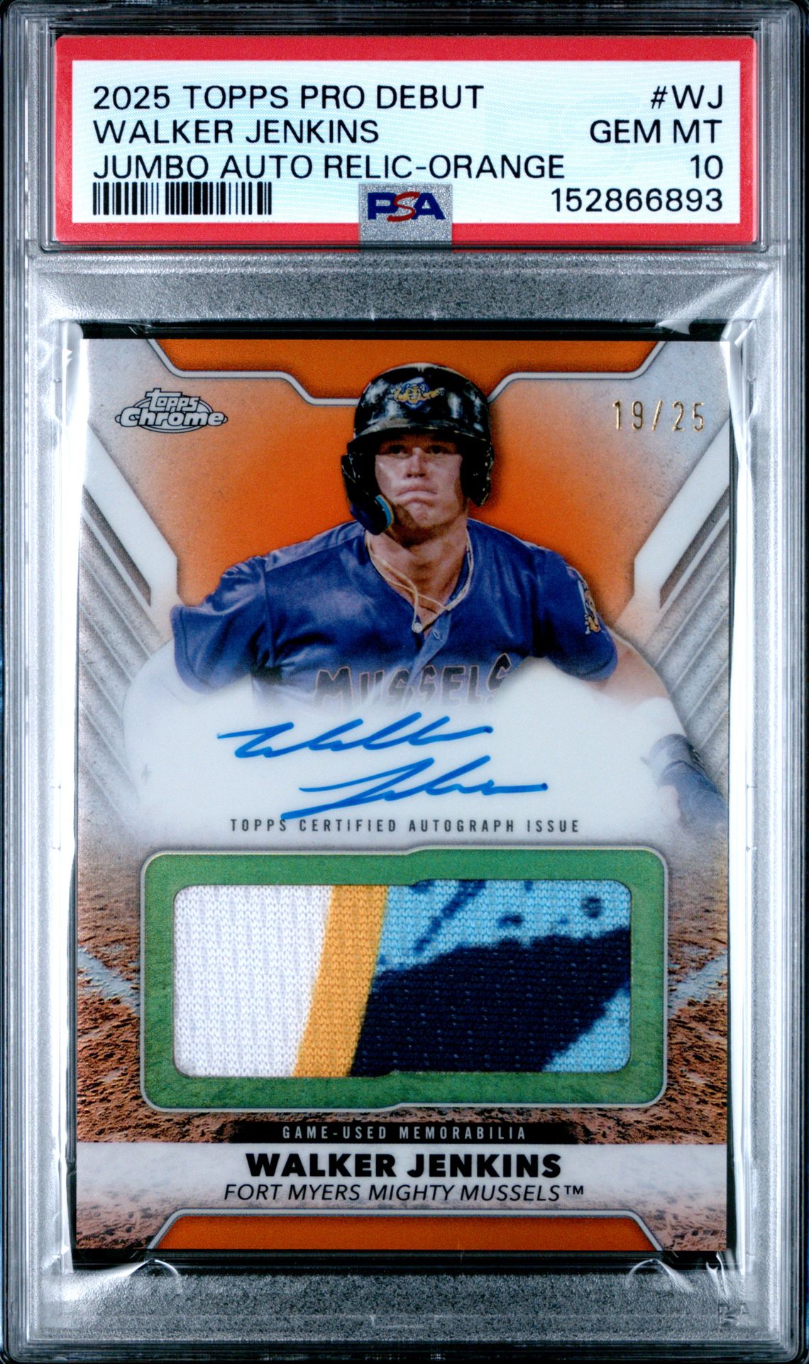 2025 Topps Pro Debut Chrome Pro Debut Jumbo Relic Autographs Walker Jenkins #Wj (Pro Debut Jm Rlc Au-Orange) Gem Mt 10 front