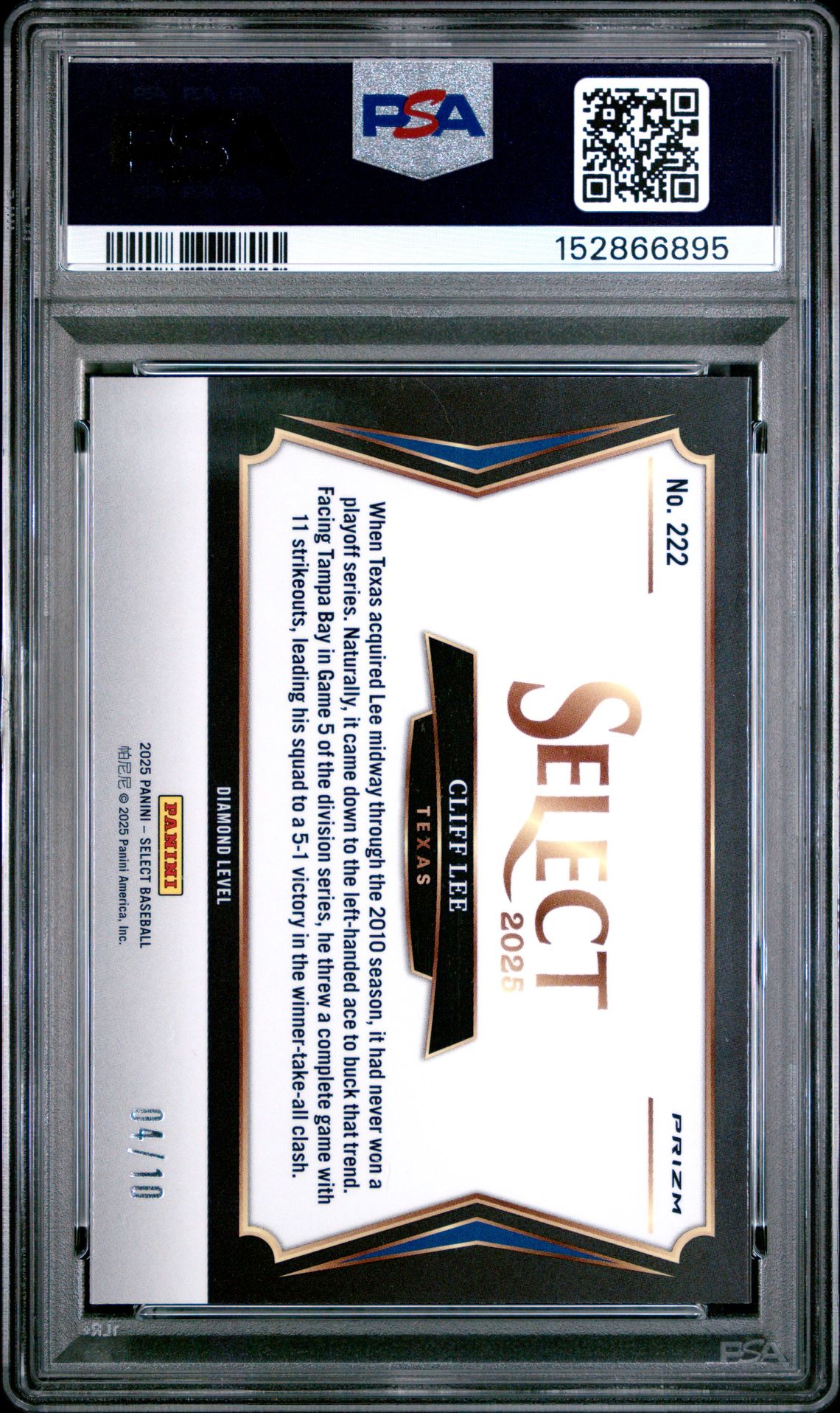 2025 Panini Select Cliff Lee #222 (Gold Prizm) Gem Mt 10 back