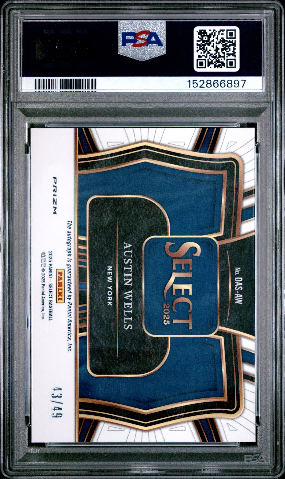 2025 Panini Select Diamond Action Signatures Austin Wells #Das-Aw (Dmd Action Sig-Blue Prizm) Gem Mt 10 back
