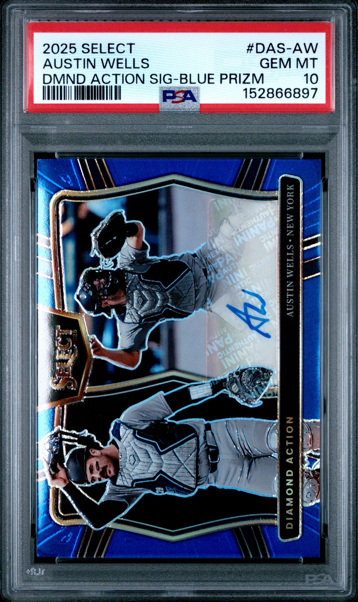 2025 Panini Select Diamond Action Signatures Austin Wells #Das-Aw (Dmd Action Sig-Blue Prizm) Gem Mt 10 front