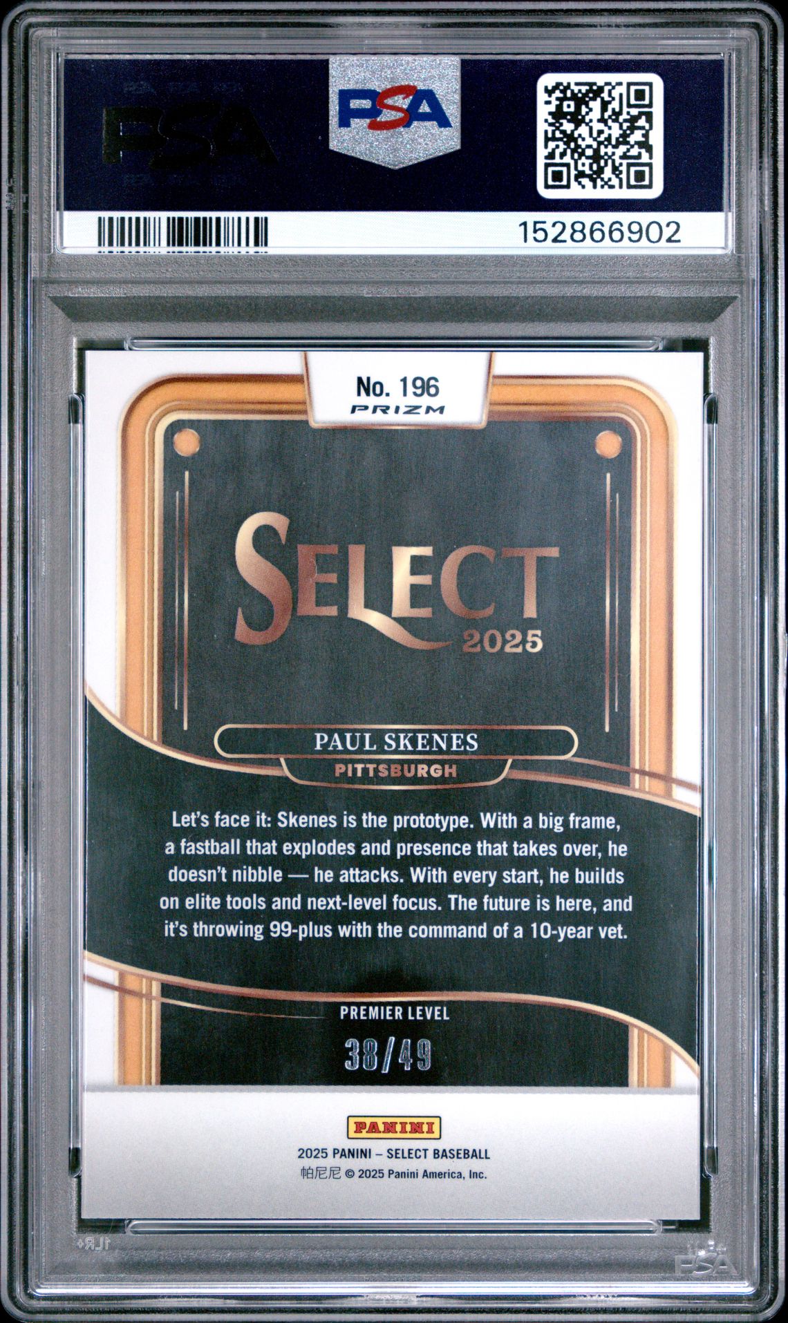 2025 Panini Select Paul Skenes #196 (Orange Prizm) Nm-Mt 8 back