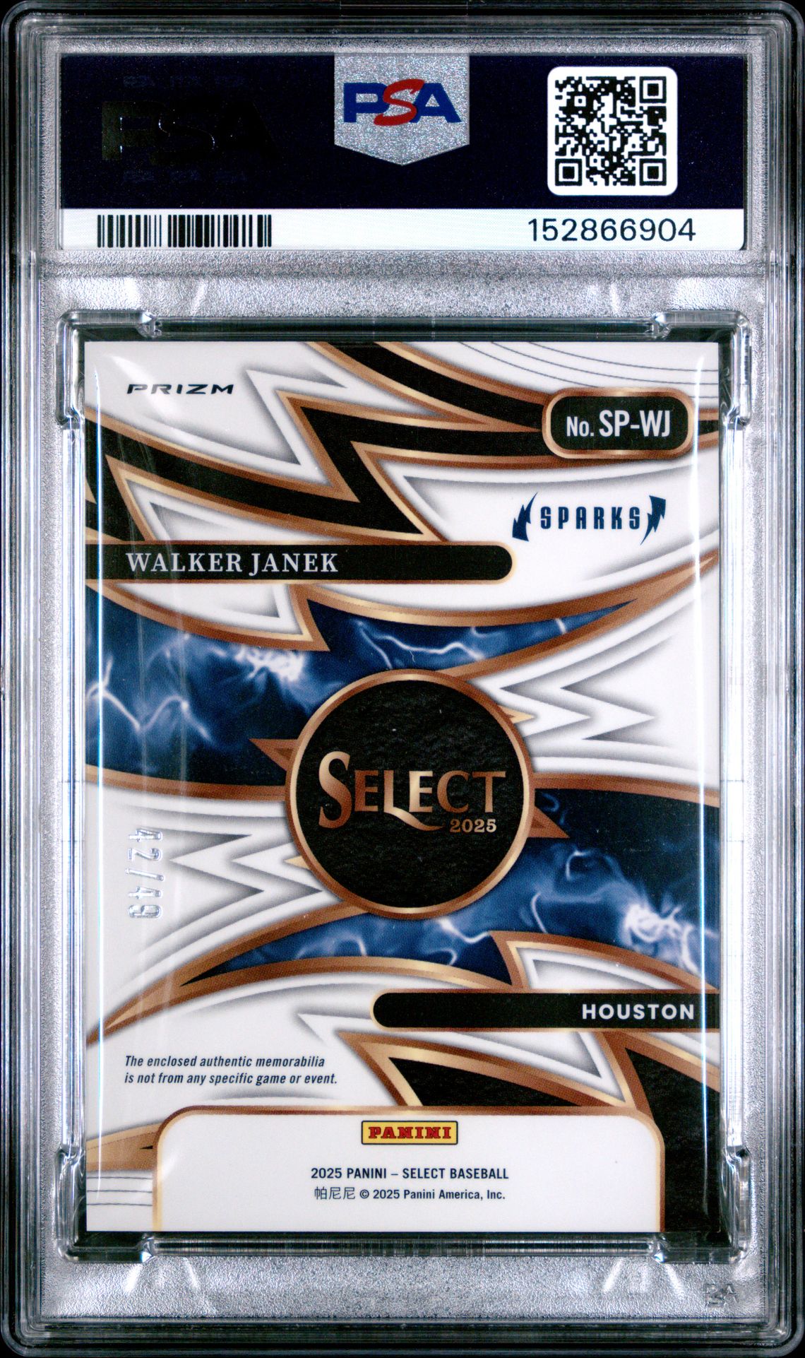 2025 Panini Select Sparks Materials Walker Janek #Sp-Wj (Sparks Material-Blue Prizm) Gem Mt 10 back