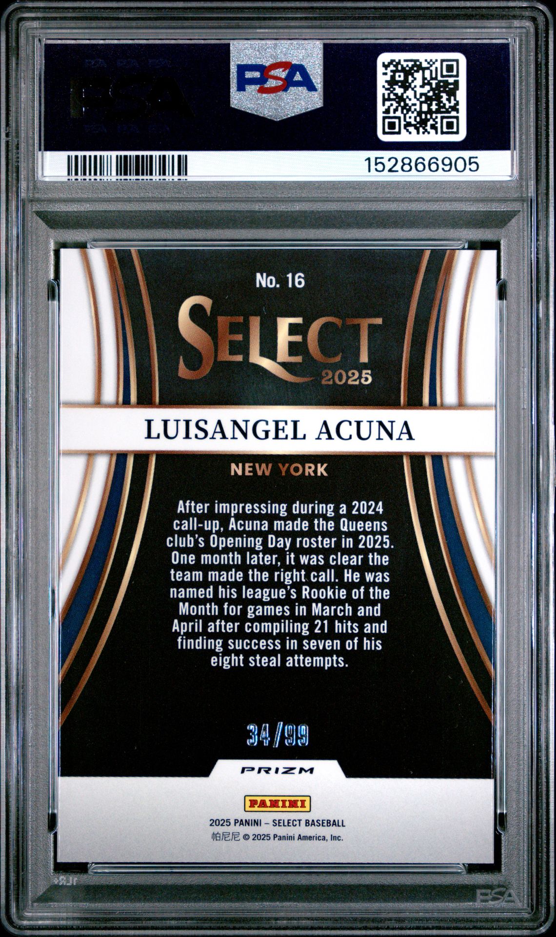 2025 Panini Select Turbo Charged Luisangel Acuna #16 (Turbocharged-Red Prizm) Gem Mt 10 back